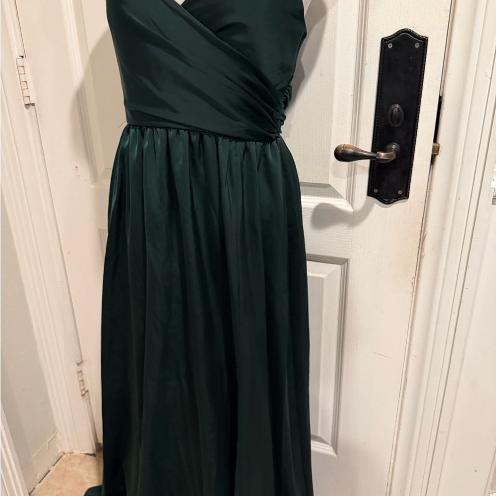 Showpo Dark Green Satin Girls Dress - Sleeveless V-Neck Gown - Picture 15 of 16